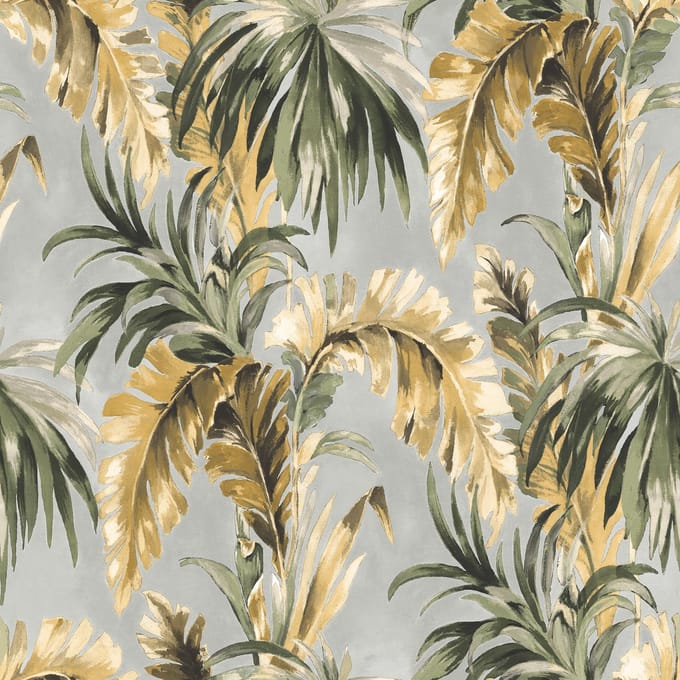 PALMBLADEREN BEHANG TROPISCH GROEN BLAUW ROESTBRUIN EE22532