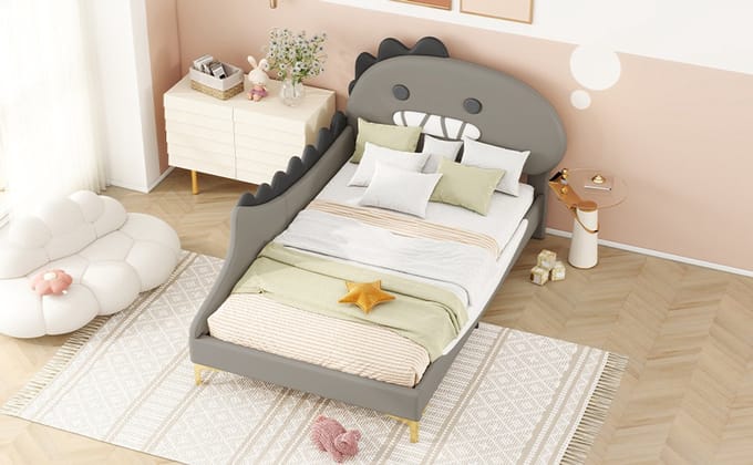 Kinderbed Dinosaurus - 90x200 cm Grijs - Pu En Mdf Met Dinosaurus Hoofdbord - Plat Bed