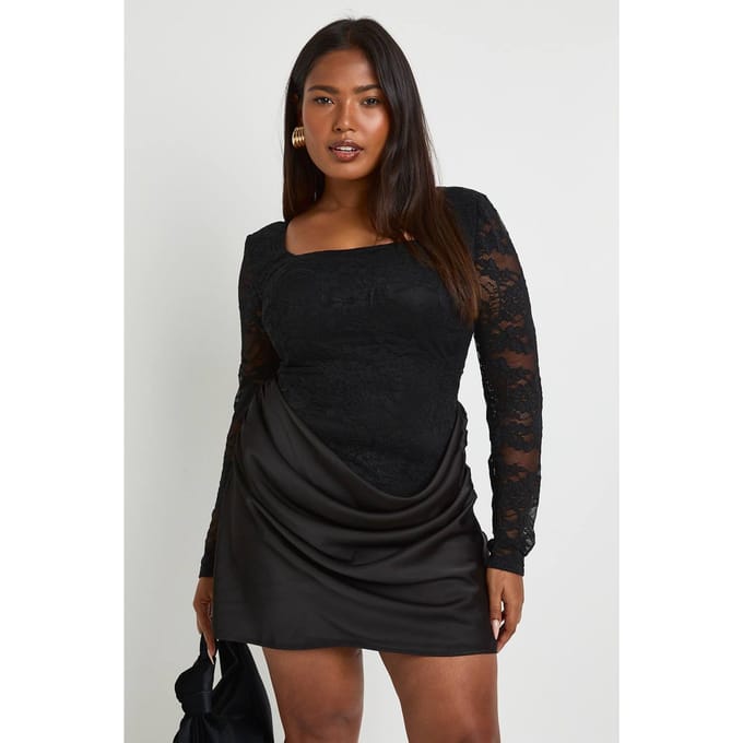 boohoo Dames Plus kantcorset met lange mouwen drape minijurk | Zwart | Maat: 48