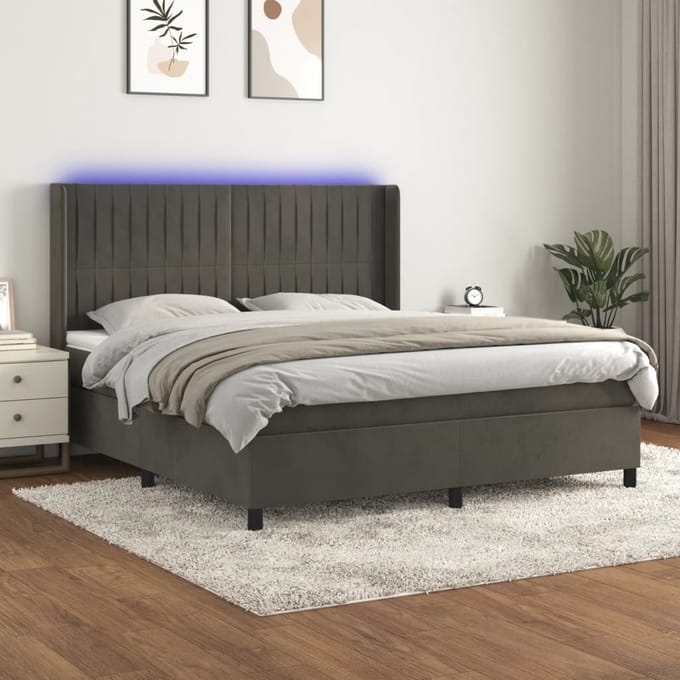 vidaXL - Boxspring - met - matras - en - LED - fluweel - donkergrijs - 160x200 - cm