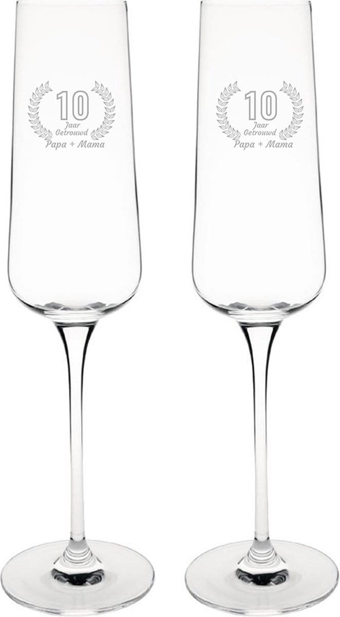 Gegraveerde set champagneglazen 27cl Papa + Mama 10 jaar getrouwd