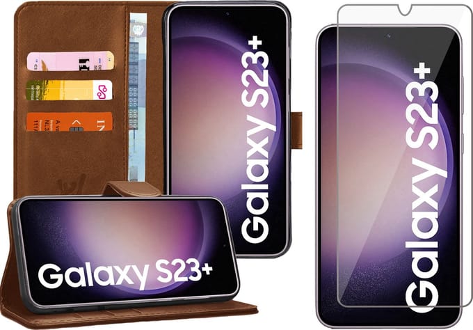 Hoesje geschikt voor Samsung Galaxy S23 Plus - Screen Protector GlassGuard - Book Case Kunstleer Pasjeshouder Bruin & Screenprotector