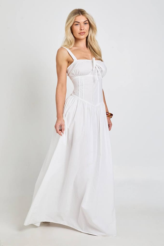 boohoo Dames Katoenen Poplin Melkmeisjesmaxijurk | Wit | Maat: 42