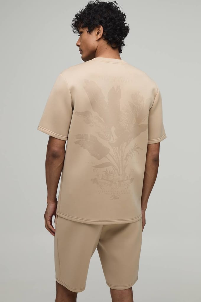 Floral Printed Regular Fit Bonded Scuba T-Shirt & Slim Pintuck Short Set | Taupe | Size Medium