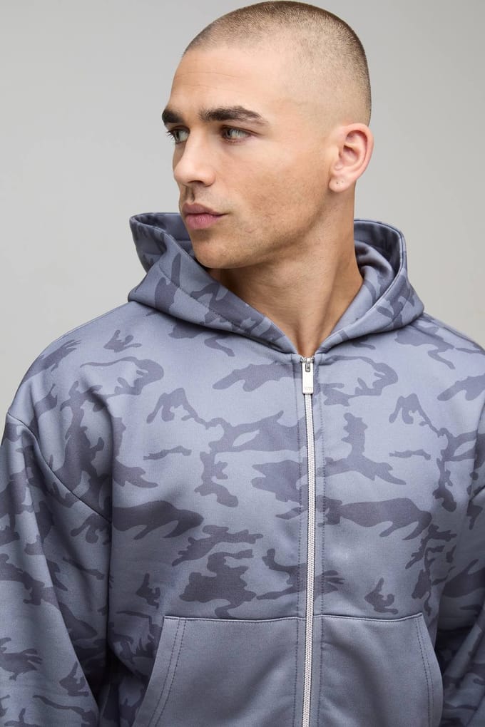 Ingekrompen Pasvorm Camo Print Doorlopende Rits Hoodie | Black | Size Medium