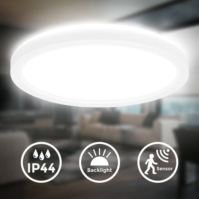 B.K.Licht - LED Badkamerverlichting - Plafondlamp met bewegingsmelder - IP44 - warm wit licht - 24x3 cm - Wit