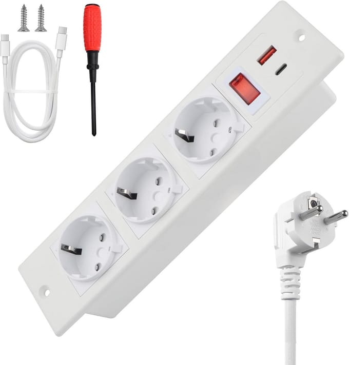 Inbouw Tafelcontactdoos met 3 Stopcontacten, USB-A en USB-C PD 20W, Wit