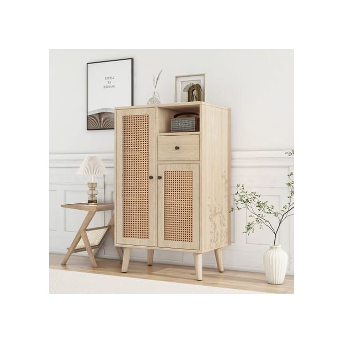 Buffet - MUVOE - 2 portes en rotin - 1 tiroir - Bois massif - 60x40x101cm