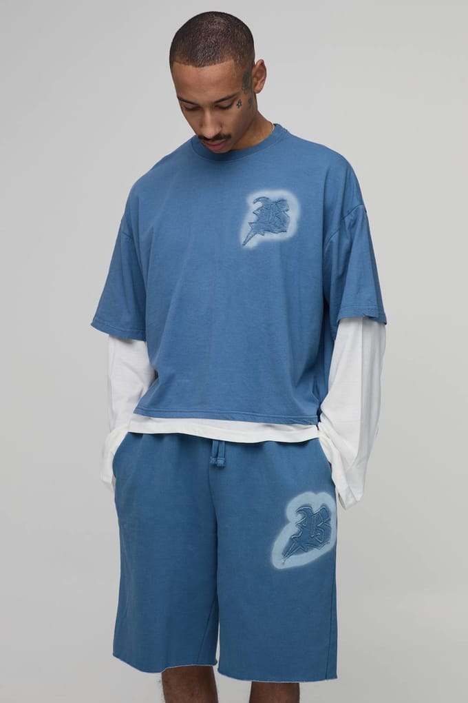 Oversized Ruime B Applicatie Faux Laag Gewassen T-shirt En Short Set | Blue | Size Medium