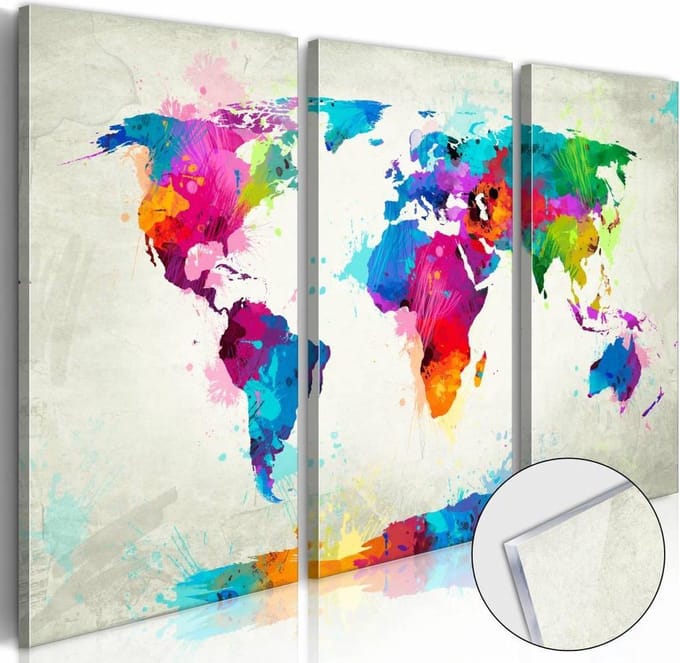Afbeelding op acrylglas - Explosie van kleuren, wereldkaart, Multi-gekleurd, 3luik