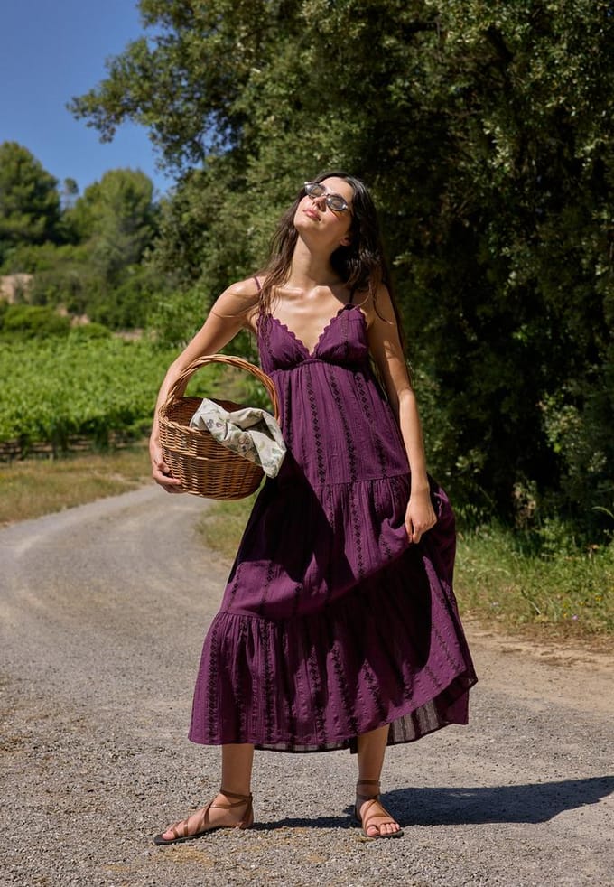 Stradivarius Lange, vloeiende jurk met open rug  Purper M