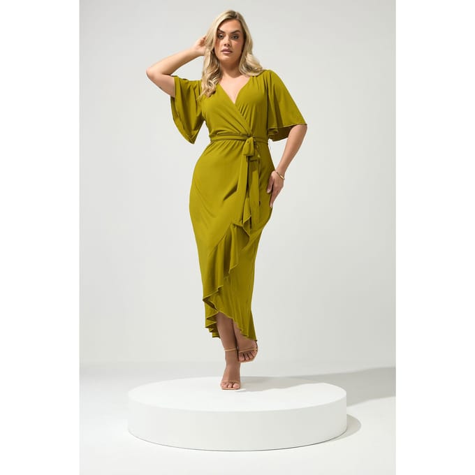 Yours London Chartreuse Groene Maxijurk Met Korte Mouwen En Ruches Size 40