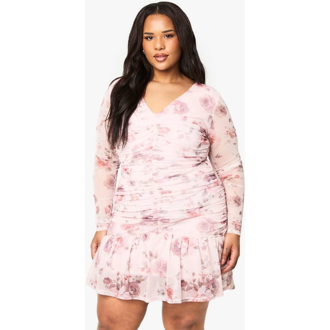 boohoo Dames Plus Floral Mesh Geruikelde Mini-jurk met Volantzoom | Blush | Maat: 28