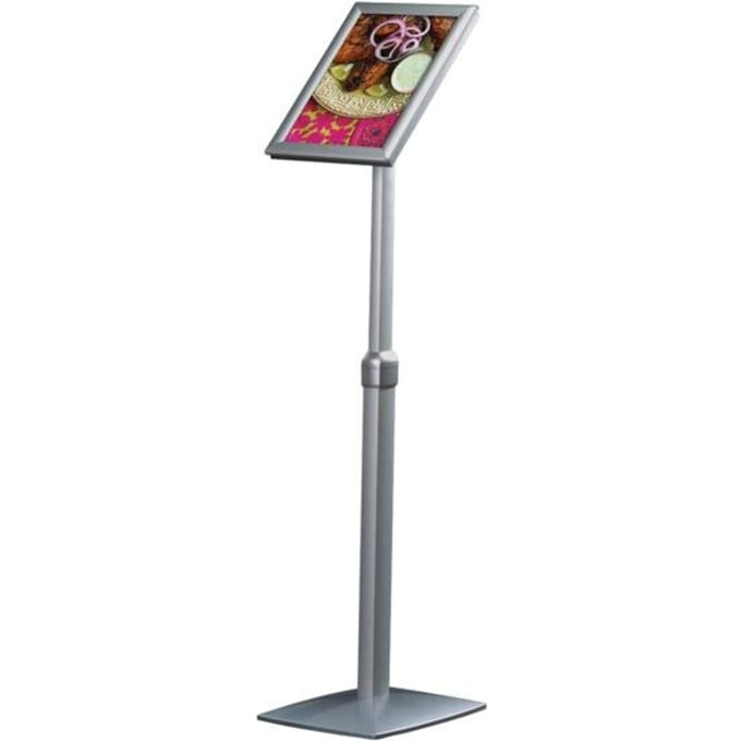 Info stand update display, DIN A3, in hoogte verstelbaar, kantelbaar, 25 mm klikframe, aluminium, zilver