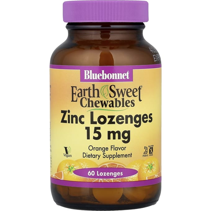 Bluebonnet Nutrition, EarthSweet Kauwtabletten, Zinkpastilles, Sinaasappel, 15 mg, 60 Pastilles