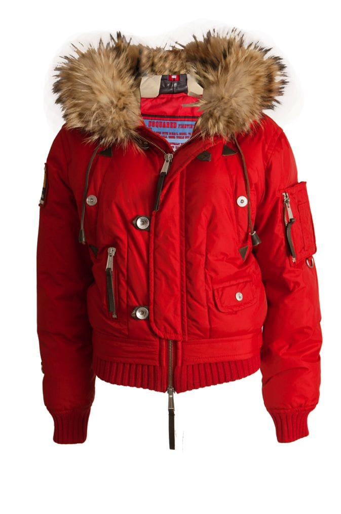 Dsquared2, rode bomber parka met bontkraag.