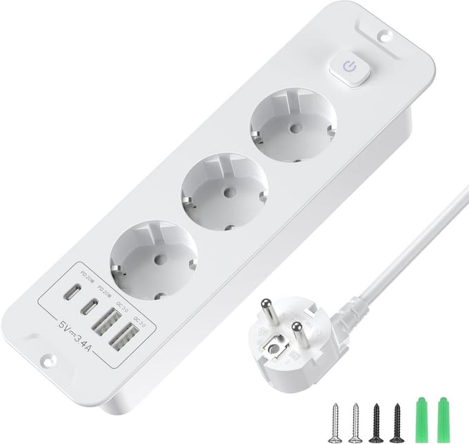 Inbouw Stopcontact met USB-C, USB-A en Schakelaar - Tafelstopcontact met 2m Kabel