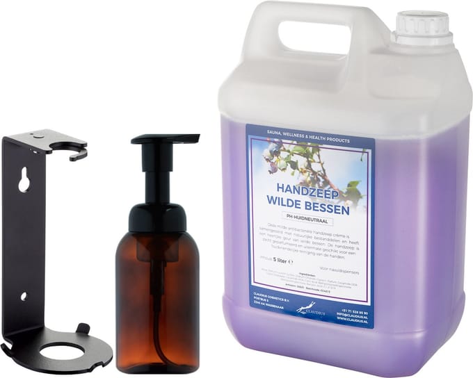 Zeepdispenser 300 ml amber bruin hervulbaar + 5 liter Handzeep Wilde Bessen navulling (inclusief beugel)