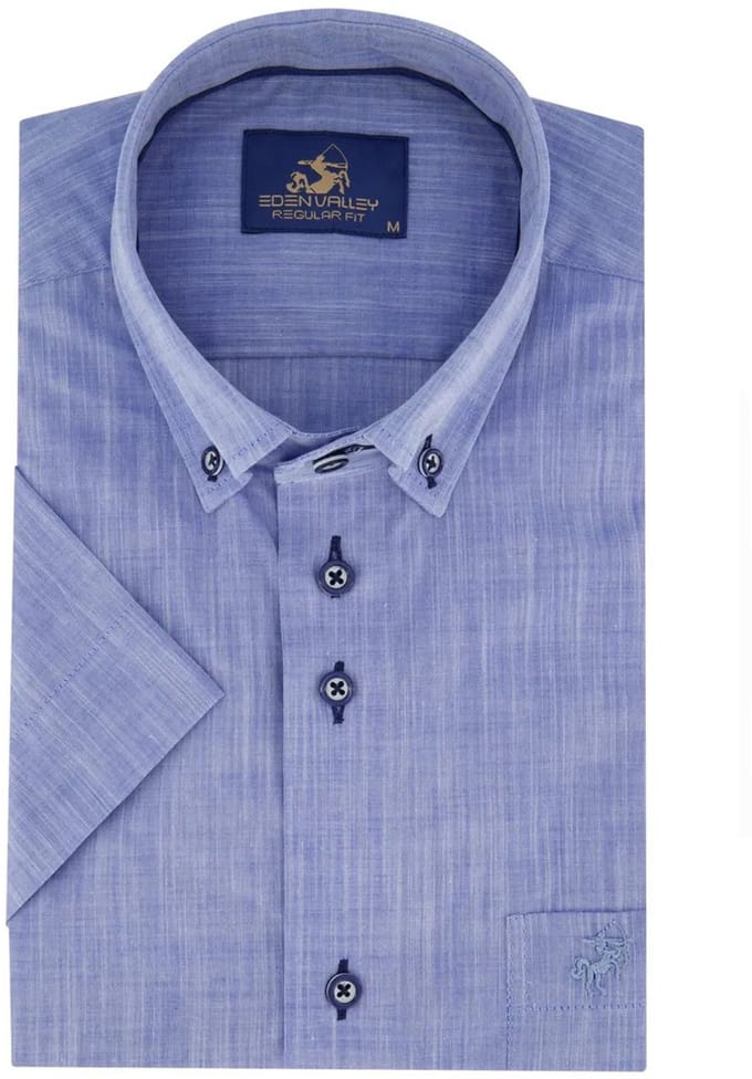 Eden Valley - Korte Mouw Overhemd - Mannen - L - Blauw - Katoen - 216194-34-Modern