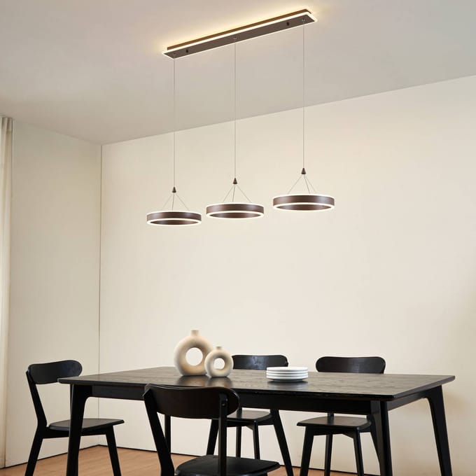 Lucande LED hanglamp Kolo, 114 cm, 3-lamps, bruin, dimbaar