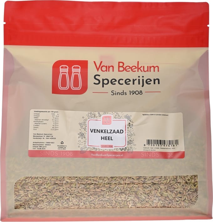 Van Beekum Specerijen - Venkelzaad Heel - 900 Gram (hersluitbare stazak)