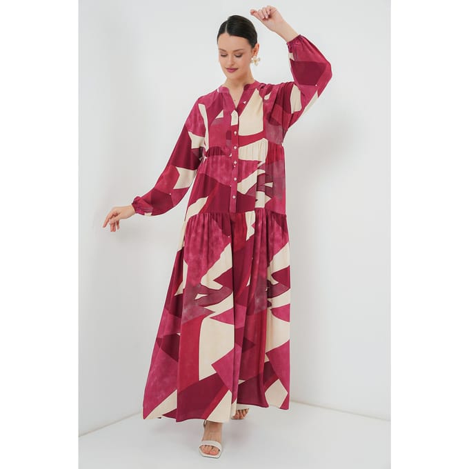 Geprinte V-hals Maxi-jurk met knoopsluiting