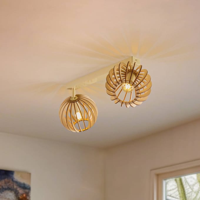 Argon Plafondlamp Paz wit houten lamellen-bollen, 2-lamps.