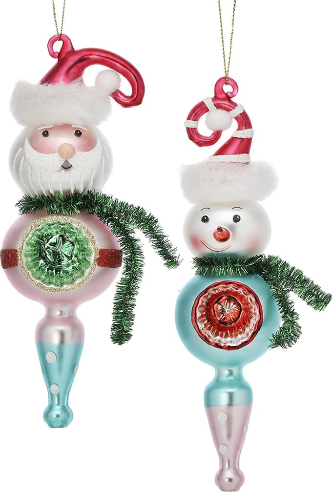 Viv! Christmas Kerstornament - Kerstman en Sneeuwpop Vintage Glas Reflector - set van 2 - glas - blauw roze - 17cm