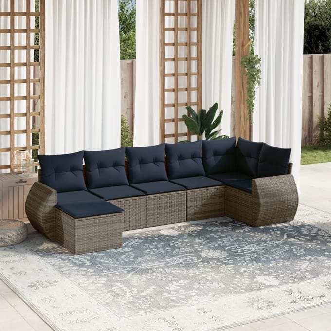 vidaXL - 7-delige - tuinbankset - met - kussens, - grijs - polyrotan