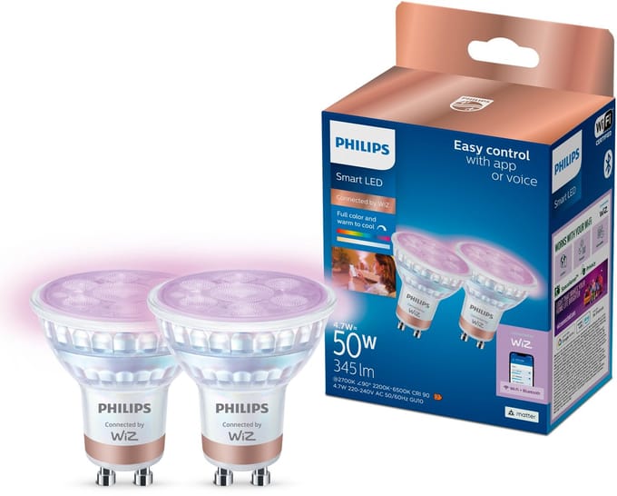 Philips Smart Lighting - LED-spot - GU10 fitting - RGB - Gekleurd en instelbaar wit licht - Dimbaar - 2 pack - 50W - Helder glas - Wifi