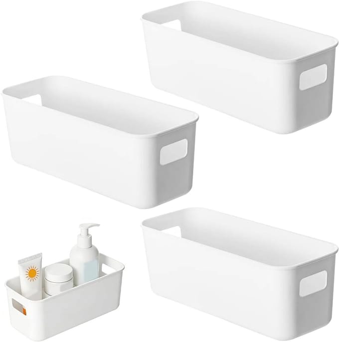 Set van 3 witte plastic opbergdozen met handvat, 27 x 10,5 x 9,5 cm, stapelbaar voor speelgoed, cosmetica en documenten
