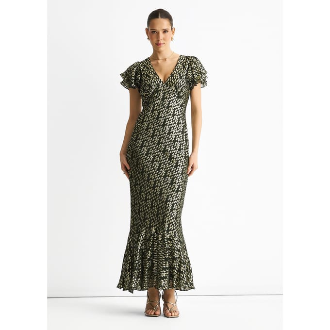 Donkergroene viscose maxi-jurk met geknipte gouden jacquard en schuine snit