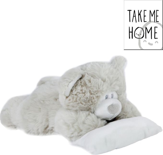 Take Me Home Pluche Beer Liggend Met Kussen 25 cm Grijs