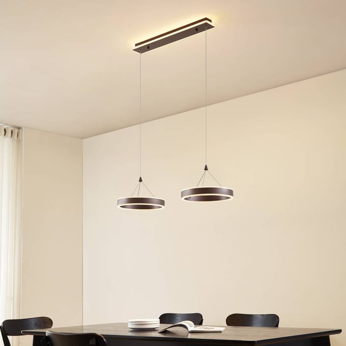 Lucande LED hanglamp Kolo, 86 cm, 2-lamps, bruin, dimbaar