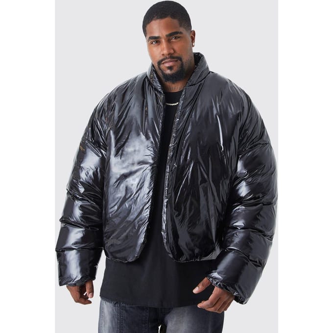 Plus Boxy High Shine Volume Padded Puffer Bomber Jacket | Black | Size 2XL