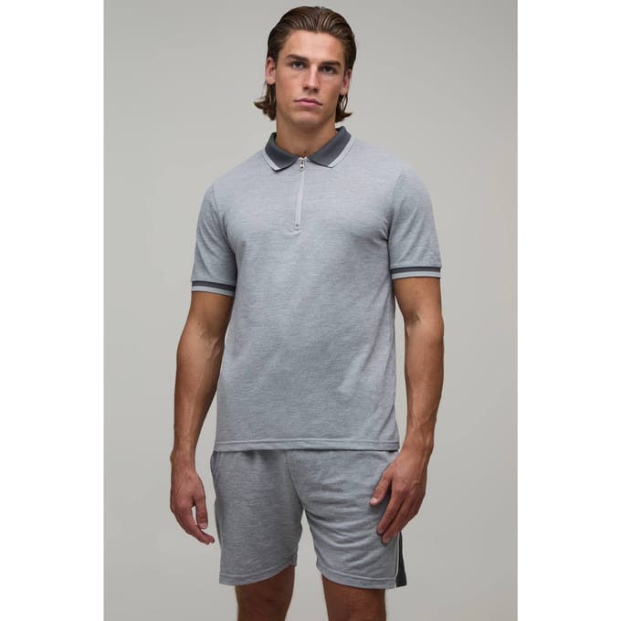 Slim Fit Piqué Interlock Gestreepte Polo En Shorts Set | Grey | Size XL