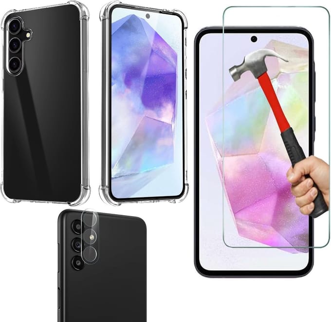 Anti -Shock Silicone hoesje transparant met Screenprotector Glas 1x en Camera lens protector 1x Geschikt voor: Samsung Galaxy A35