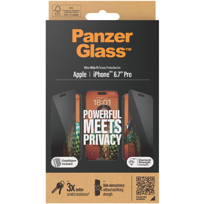 PanzerGlass Screenprotector geschikt voor Apple iPhone 15 Pro Max Glazen | PanzerGlass Ultra-Wide Fit Screenprotector Privacy - Case Friendly + Installatie Frame