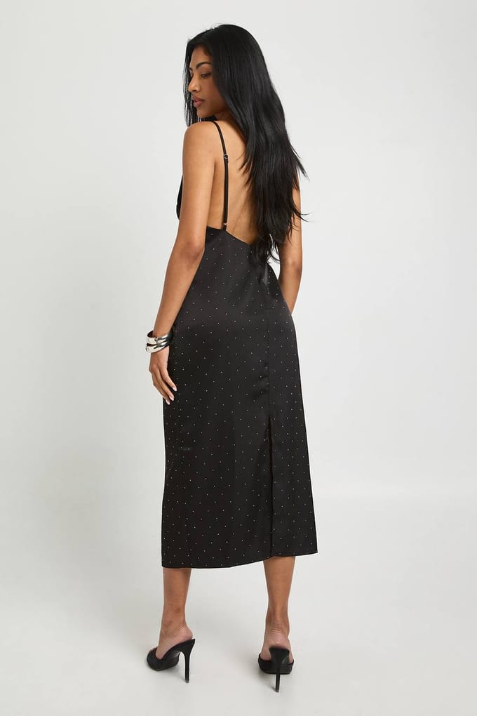 boohoo Dames Satijn Diamante Midaxi Slipjurk | Black | Maat: 8