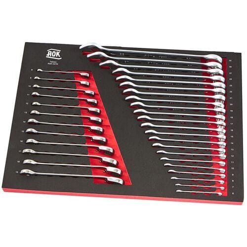 AOK Professionele 34-delige ring-, ratel- en steeksleutelset met foam inlay