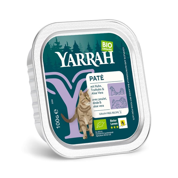 Voordeelpak Yarrah Bio 48 x 100 g - Pâté: Bio-Kip & Bio-Kalkoen met Bio-Aloe Vera