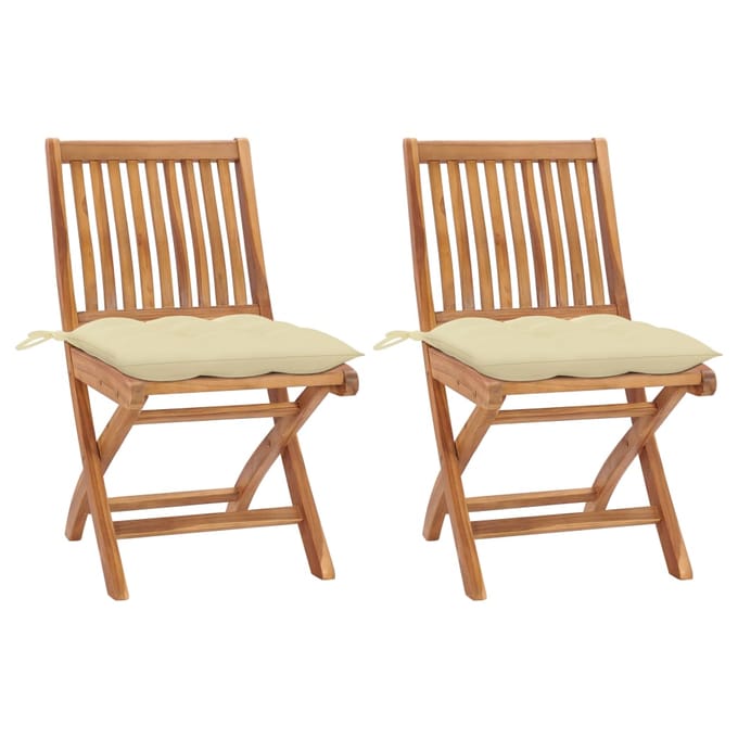 vidaXL - Inklapbare - stoelen - 2 - st - met - crèmewitte - kussens - massief - teakhout