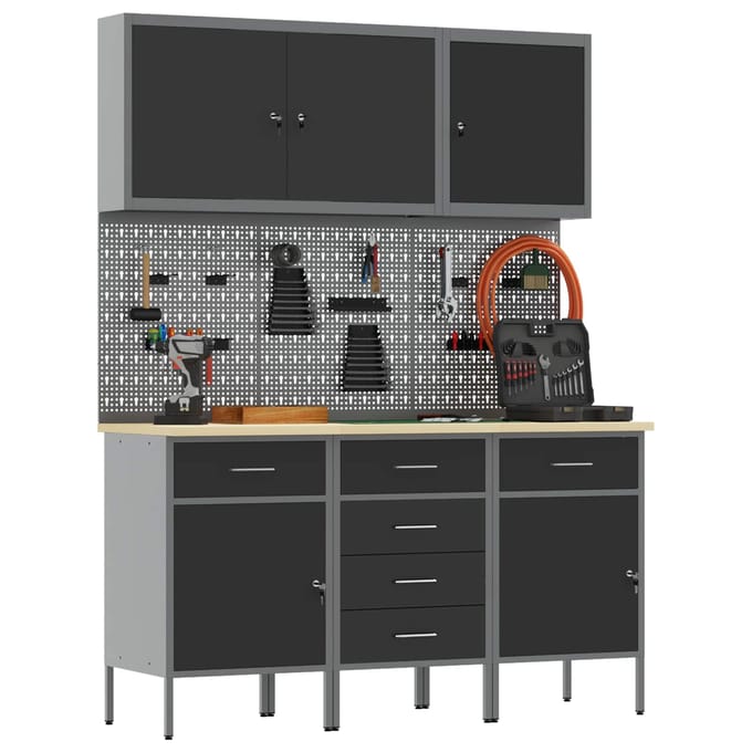 vidaXL - Werk - Cabinet - 8 - st - Zwart - en - Grijs - Engineered - hout - en - staal