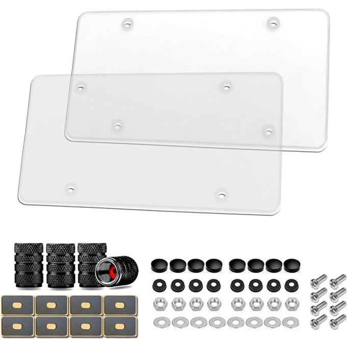 Lot de 2 protections de plaque d'immatriculation plates et transparentes, incassables, avec valve de pneu