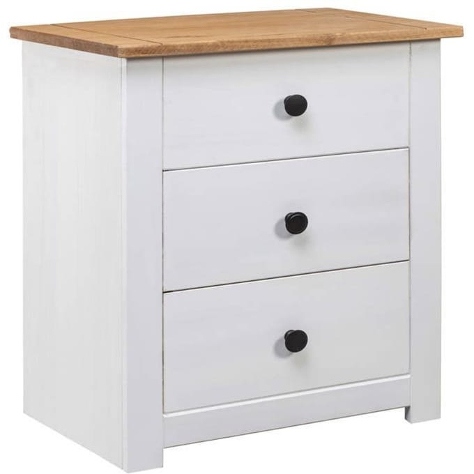 Table de chevet - Gamme Panama - Bois de pin massif - 3 tiroirs - Blanc wit