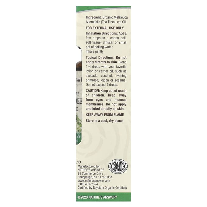 Nature'S Answer, 100% Pure Organic Essential Oil, Tea Tree, 15 Ml (0.5 Fl Oz)