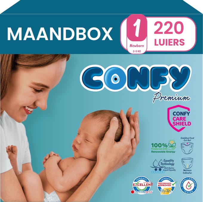 Confy Premium - Luiers Maat 1 (2-5kg) - 220 Luiers - Maandbox