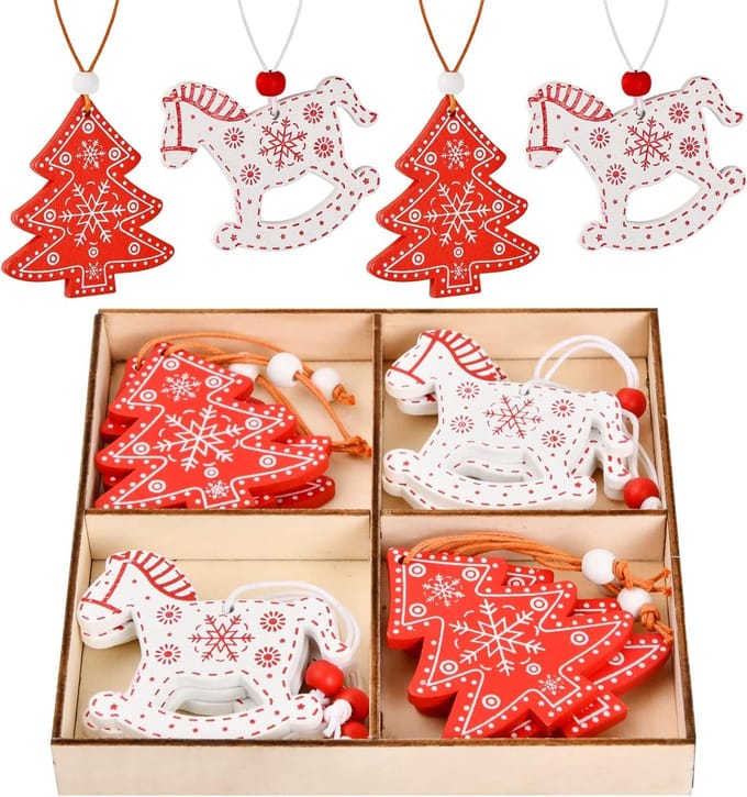 Winkrs | Kerstdecoratie | Kersthangers Rendier en Kerstbomen 12x | Hout Rood/Wit