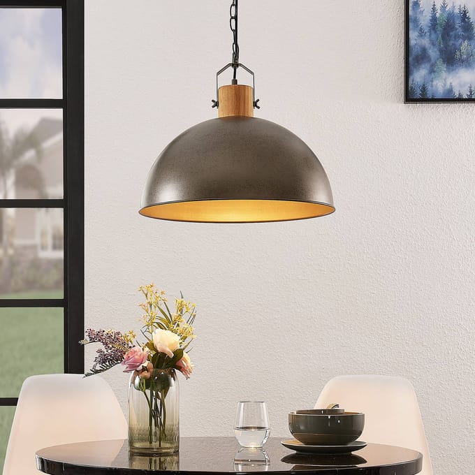 Lindby - hanglamp - 1licht - Ijzer, hout - H: 37.5 cm - E27 - metallic groen, licht hout
