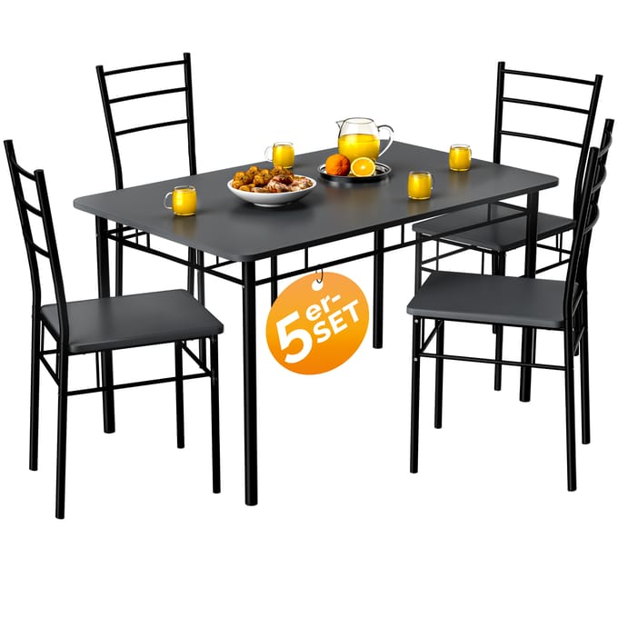 Casaria Eetkamerset Leo - 1x Eettafel 4x Stoel - Antraciet